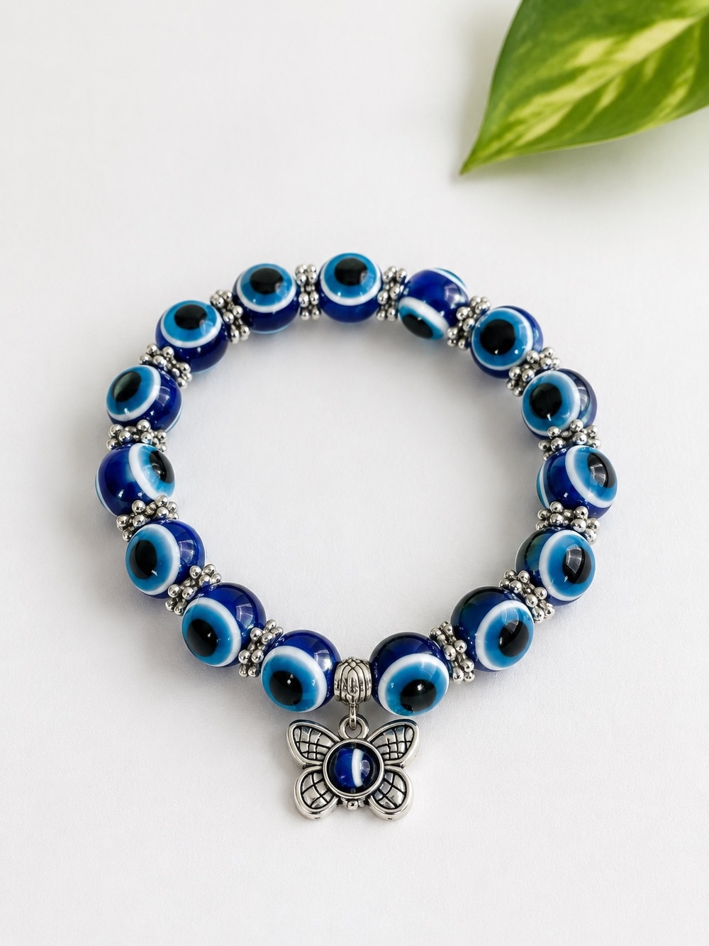 Blue Evil Eye Bead Bracelet with Butterfly Charm - Women's Jewelry